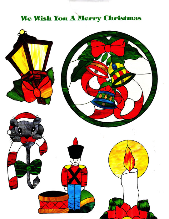 We Wish you a Merry Christmas Stained Glass Art Pattern Book Instructional by Judy Miller Santa, Joy Ornament, Teardrop Ornament, Christmas Mouse, Christmas Lantern, Christmas Candle, Soldier Drummer, Christmas Bells Happy Glass Art Supply www.happyglassartsupply.com