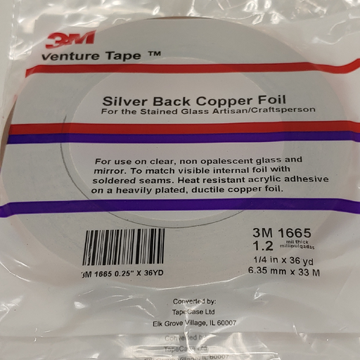 1/4" wide x 1.2 mil thick Copper Front / Silver Back 3M™ Venture Tape™ Copper Foil Tape 1665 14 Happy Glass Art Supply www.happyglassartsupply.com