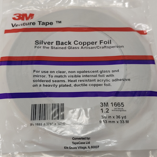 3/8" wide x 1.2 mil thick Copper Front / Silver Back 3M™ Venture Tape™ Copper Foil Tape 1665 38 Happy Glass Art Supply www.happyglassartsupply.com