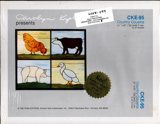 Carolyn Kyle Presents Art Patterns  - Country Cousins - Bull Rooster Chicken Goose 21 x 18 Inch Diameter - Full-Size Glass Art Patterns  Materials Needed List, Special instructions This packet contains two identical patterns.  Use one as a pattern sheet to cut the glass pieces and the other as a layout sheet to build the window on. Step-By-Step detailed instructions are enclosed. CKE-95 is the pattern number A terrific Glass Artist Gift Present Happy Glass Art Supply www.happyglassartsupply.com