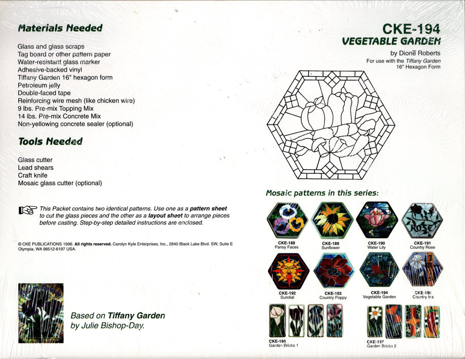 Carolyn Kyle Presents Mosaic Stepping Stone Patterns & Instructions – Vegetable Garden 16 inch Hexagon Form - Full-Size Glass Art Patterns  Materials Needed List, This packet contains two identical patterns Step-By-Step detailed instructions  CKE-194 is the pattern number A terrific Glass Artist Gift Present Happy Glass Art Supply www.happyglassartsupply.com