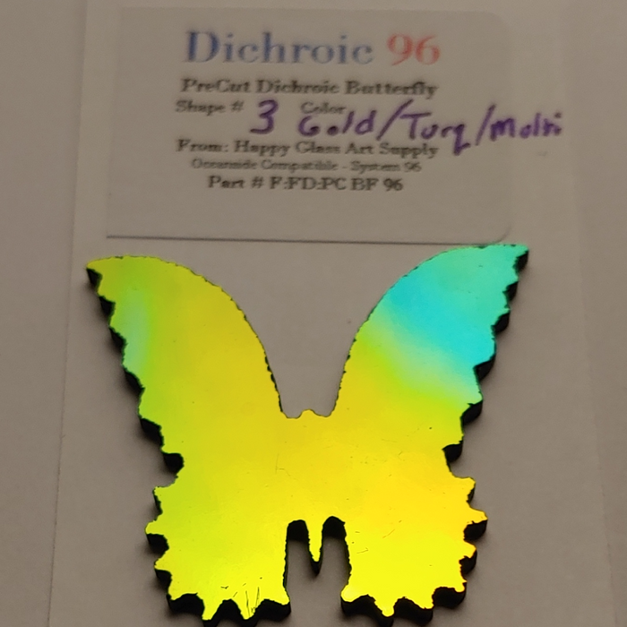 CBS Dichroic PreCut Shape Beautiful Butterfly from the Beautiful Butterflies Pack Dichro Small size on Thin Black Oceanside Compatible System 96 Coatings by Sandberg Oceanside Compatible™ System 96® Fusible Glass Coe 96 Happy Glass Art 