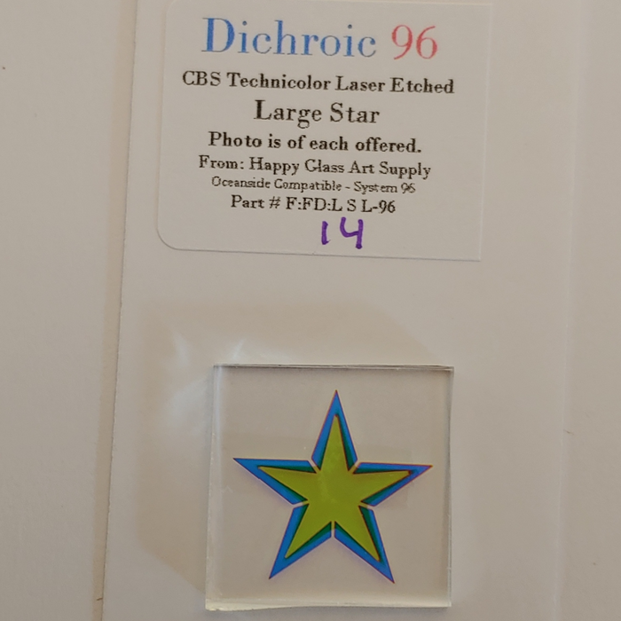 CBS Dichroic Technicolor Star Dichro Large size , Thin Clear Oceanside Compatible System 96 Coatings by Sandberg Oceanside Compatible™ System 96® Fusible Glass Coe 96 Happy Glass Art Supply www.HappyGlassArtSupply.com