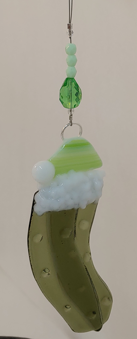 Christmas Pickle with Green Hat White Pom Pom Fused Glass Ornament