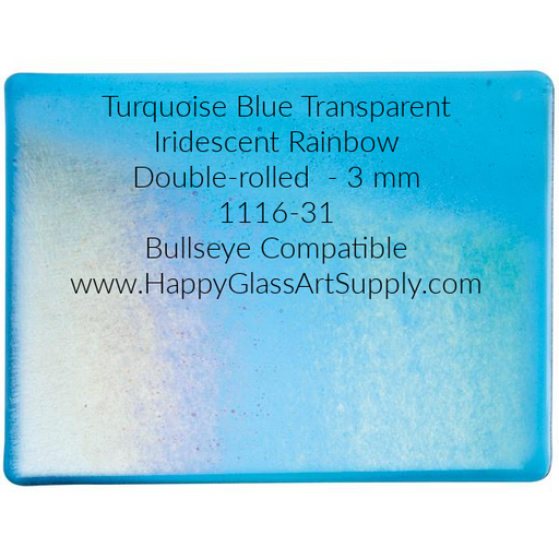 Turquoise Blue Transparent Iridescent Rainbow Double-rolled  - 3 mm 1116-31 Bullseye Compatible www.HappyGlassArtSupply.com