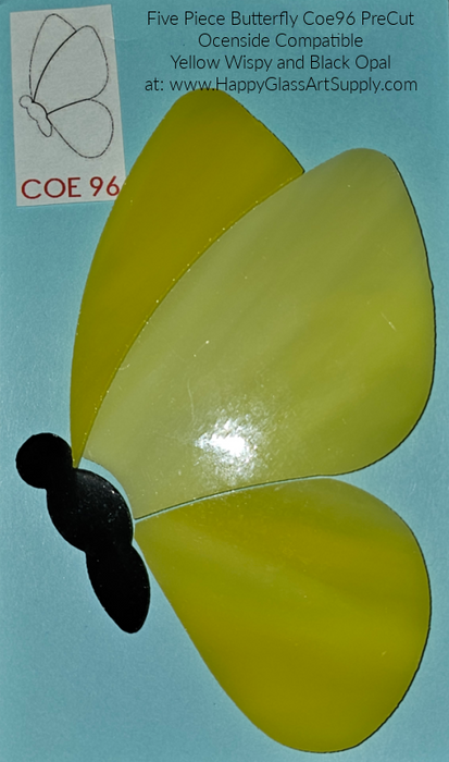 Butterfly Yellow Wispy with Black Opal Body 4 Pre Cut Glass Shape Pieces Water Jet PreCut System 96® Oceanside Compatible™ Waterjet Cut Fusible Glass Shape Happy Glass Art Supply www.HappyGlassArtSupply.com