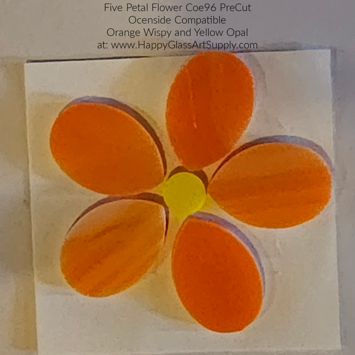Flower, Five Petal Orange Wispy Water Jet PreCut System 96, Coe96, Oceanside Compatible Waterjet PreCut Cut Fusible Glass Shape  Happy Glass Art Supply www.HappyGlassArtSupply.com