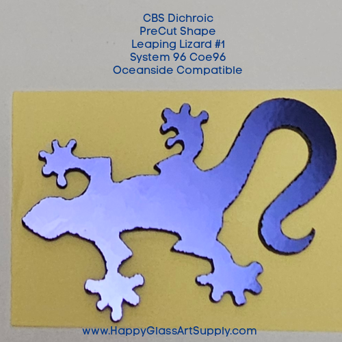 CBS Dichroic PreCut Shape Leaping Lizard from the Leaping Lizards Pack Dichro on Thin Black Oceanside Compatible System 96 Coatings by Sandberg Oceanside Compatible System 96 Coe96 Fusible Glass Coe 96 Happy Glass Art Supply www.HappyGlassArtSupply.com