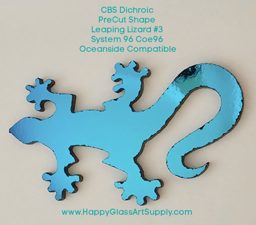 CBS Dichroic PreCut Shape Leaping Lizard from the Leaping Lizards Pack Dichro on Thin Black Oceanside Compatible System 96 Coatings by Sandberg Oceanside Compatible System 96 Coe96 Fusible Glass Coe 96 Happy Glass Art Supply www.HappyGlassArtSupply.com