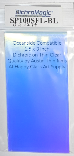 Dichroic BL Blue Dichromagic by Austin Thin Films Oceanside Compatible Coe96 on Clear Thin Fusible COE96 Coe 96 Dichro Dichroic at Happy Glass Art Supply www.HappyGlassArtSupply.com
