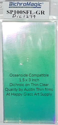 Dichroic GR Green Dichromagic by Austin Thin Films Oceanside Compatible Coe96 on Clear Thin Fusible COE96 Coe 96 Dichro Dichroic at Happy Glass Art Supply www.HappyGlassArtSupply.com