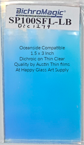 Dichroic LB Light Blue Dichromagic by Austin Thin Films Oceanside Compatible Coe96 on Clear Thin Fusible COE96 Coe 96 Dichro Dichroic at Happy Glass Art Supply www.HappyGlassArtSupply.com