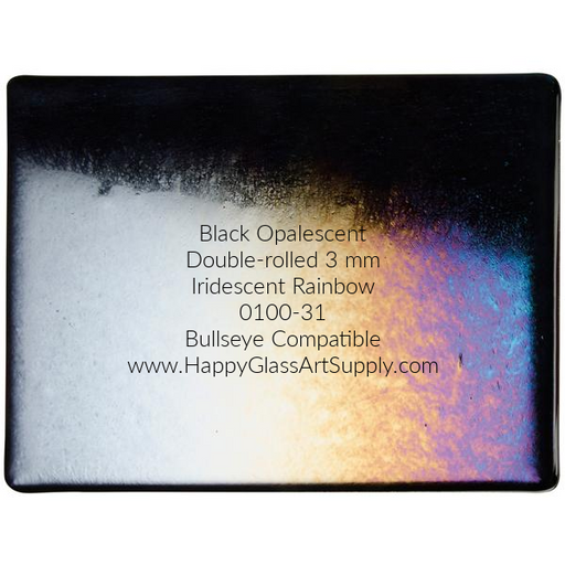 0100-31 Black Opalescent, Double-rolled 3 mm, Iridescent rainbow,  Bullseye Compatible Sheet Glass  Bullseye Compatible, Formerly known as Coe90 Coe 90 Happy Glass Art Supply www.HappyGlassArtSupply.com