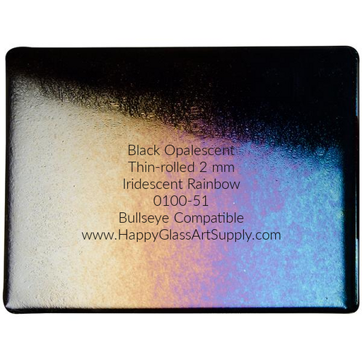 0100-51 Black Opalescent, Thin-Rolled, Iridescent Rainbow, 2 mm, Fusible Bullseye Compatible Sheet Glass  Bullseye Compatible, Formerly known as Coe90 Coe 90 Happy Glass Art Supply www.HappyGlassArtSupply.com