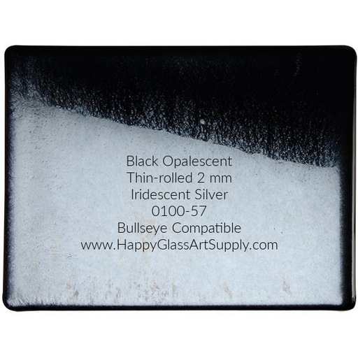 0100-57 Black Opalescent, Thin-rolled, Iridescent Silver, 2 mm Coe 90, Coe90  BE Bullseye Compatible Happy Glass Art Supply www.HappyGlassArtSupply.com