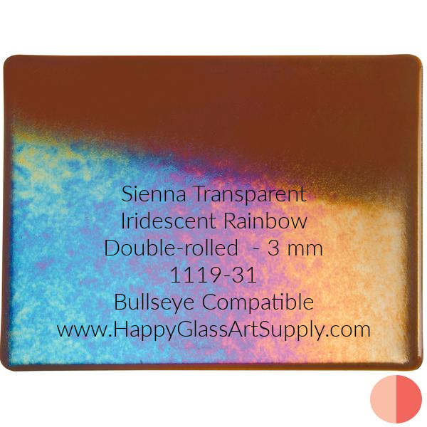 Sienna Transparent Iridescent Rainbow Double-rolled  - 3 mm 1119-31 Bullseye Compatible www.HappyGlassArtSupply.com