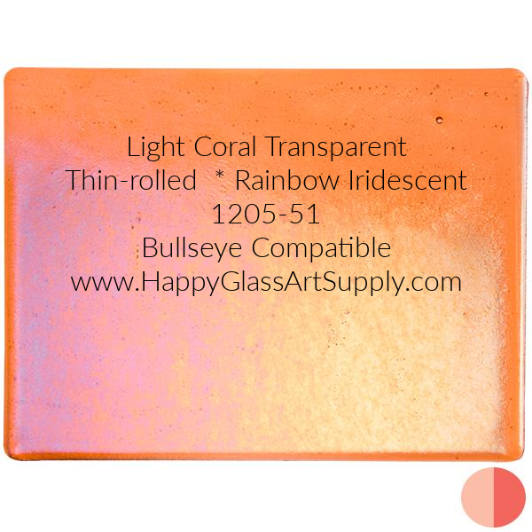 001205-0051 Light Coral Transparent, Thin-rolled, 2 mm, Iridescent, Rainbow, Fusible Coe 90 Bullseye Compatible Sheet Glass at www.happyglassartsupply.com Happy Glass Art Supply