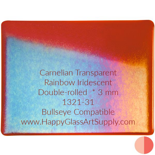 1321-31 Carnelian Transparent, Double-rolled, Iridescent, rainbow, 3 mm, , Fusible Bullseye Sheet Glass at www.happyglassartsupply.com Happy Glass Art Supply