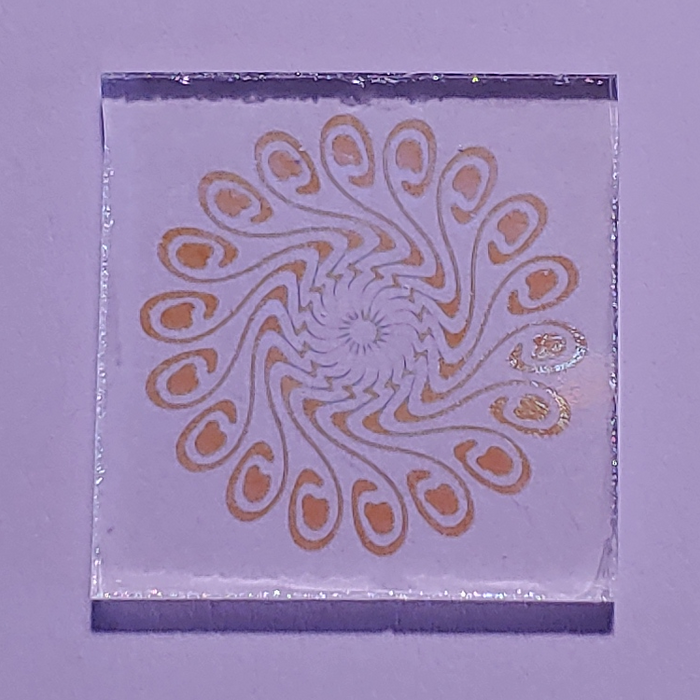 CBS Dichroic Pinwheel Laser Etched Large on Thin Clear Oceanside Compatible™ System 96® Lasered Dichroic Coe96 Coe 96 Happy Glass Art Supply www.HappyGlassArtSupply.com 049