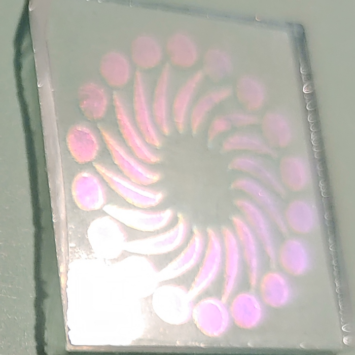 CBS Dichroic Pinwheel Laser Etched Large on Thin Clear Oceanside Compatible™ System 96® Lasered Dichroic Coe96 Coe 96 Happy Glass Art Supply www.HappyGlassArtSupply.com 057