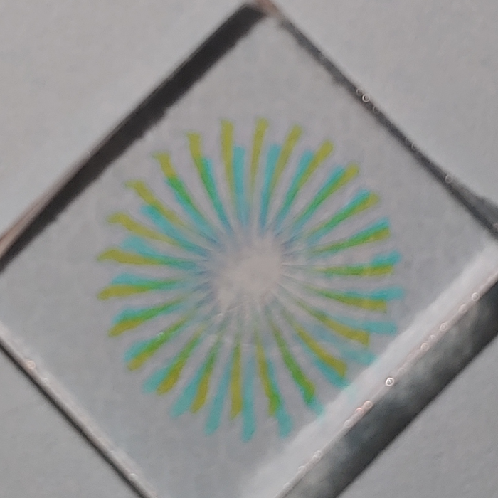 CBS Dichroic Laser Etched Medium on Thin Clear Oceanside Compatible™ System 96® Approximate size of the Medium Lasered Dichroic area is: 3/4 Inch Happy Glass Art Supply www.HappyGlassArtSupply.com