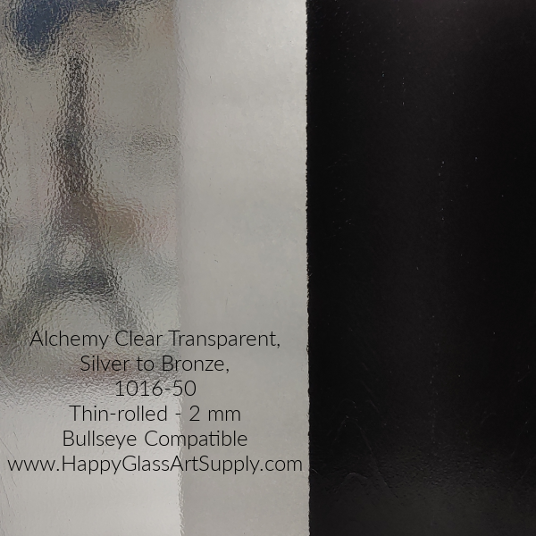 Alchemy Clear Transparent, Silver to Bronze Thin-rolled, 2 mm, Fusible Coe 90 Bullseye Compatible was created in the USA by Bullseye Glass Company.   Bullseye Compatible Coe 90  MPN: 001016-0050-F  www.happyglassartsupply.com Happy Glass Art Supply