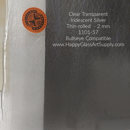1101 57 Clear Transparent, Thin, Iridescent, Silver, Thin-rolled, 2 mm, Fusible Coe 90 Bullseye Compatible Sheet Glass at www.happyglassartsupply.com Happy Glass Art Supply