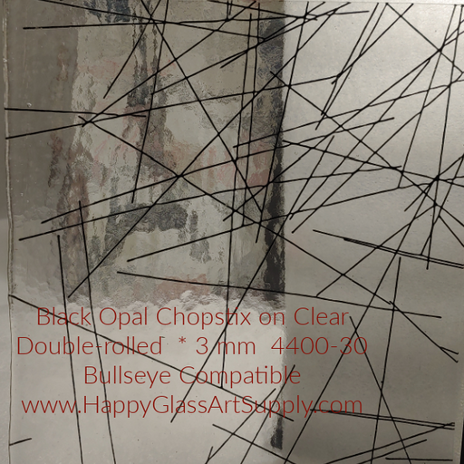 Black Opal Chopstix on Clear Double-rolled  * 3 mm  4400-30  Bullseye Compatible www.HappyGlassArtSupply.com