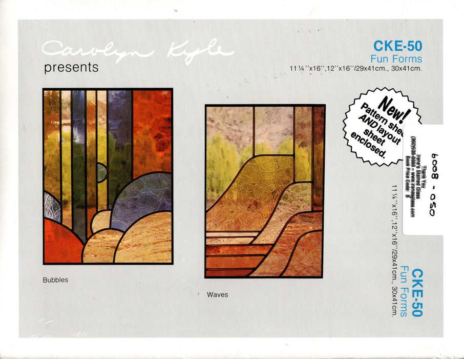 Carolyn Kyle Presents Art Patterns & Instructions - Fun Forms 11-1/4 x 16 inch and 12 x 16 Inch Diameter - Full-Size Glass Art Patterns  Materials Needed List, Special instructions This packet contains two identical patterns.  Use one as a pattern sheet to cut the glass pieces and the other as a layout sheet to build the window on. Step-By-Step detailed instructions are enclosed. CKE-50 is the pattern number A terrific Glass Artist Gift Present Happy Glass Art Supply www.happyglassartsupply.com