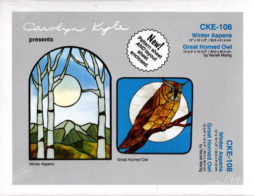 Carolyn Kyle Presents Art Patterns  - Winter Aspens & Great Horned Owl 12 x 16-1/2 & 15-3/4 x 15-3/4 Inch Diameter - Full-Size Glass Art Patterns  Materials Needed List, This packet contains two identical patterns.  Use one as a pattern sheet to cut the glass pieces and the other as a layout sheet to build the window on. Step-By-Step detailed instructions are enclosed. CKE-108 is the pattern number A terrific Glass Artist Gift Present Happy Glass Art Supply www.happyglassartsupply.com