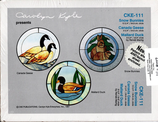 Carolyn Kyle Presents - Snow Bunnies, Canadian Geese & Mallard Duck 13-3/4 & 9-3/4 & 9-3/4Inch Diameter - Full-Size Glass Art Patterns  Materials Needed List, This packet contains two identical patterns.  Use one as a pattern sheet to cut the glass pieces and the other as a layout sheet to build the window on. Step-By-Step detailed instructions  CKE-111 is the pattern number A terrific Glass Artist Gift Present Happy Glass Art Supply www.happyglassartsupply.com