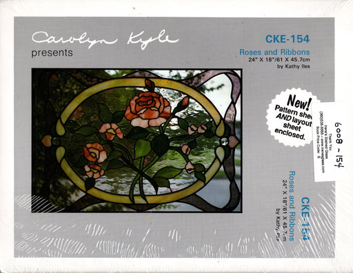 Carolyn Kyle Presents - Roses and Ribbons 24 x 18 Inch Diameter - Full-Size Glass Art Patterns  Materials Needed List, This packet contains two identical patterns.  Use one as a pattern sheet to cut the glass pieces and the other as a layout sheet to build the window on. Step-By-Step detailed instructions  CKE-154 is the pattern number A terrific Glass Artist Gift Present Happy Glass Art Supply www.happyglassartsupply.com
