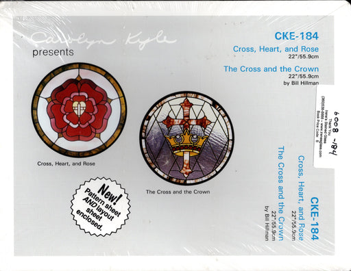 Carolyn Kyle Presents - Cross, Heart & Rose and Cross & Crown 22 & 22 Inch Diameter - Full-Size Glass Art Patterns  Materials Needed List, This packet contains two identical patterns.  Use one as a pattern sheet to cut the glass pieces and the other as a layout sheet to build the window on. Step-By-Step detailed instructions  CKE-184 is the pattern number A terrific Glass Artist Gift Present Happy Glass Art Supply www.happyglassartsupply.com