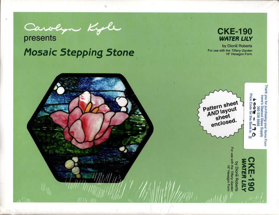 Carolyn Kyle Presents Mosaic Stepping Stone Patterns & Instructions – Water Lily 16 inch Hexagon Form - Full-Size Glass Art Patterns  Materials Needed List, This packet contains two identical patterns Step-By-Step detailed instructions  CKE-190 is the pattern number A terrific Glass Artist Gift Present Happy Glass Art Supply www.happyglassartsupply.com