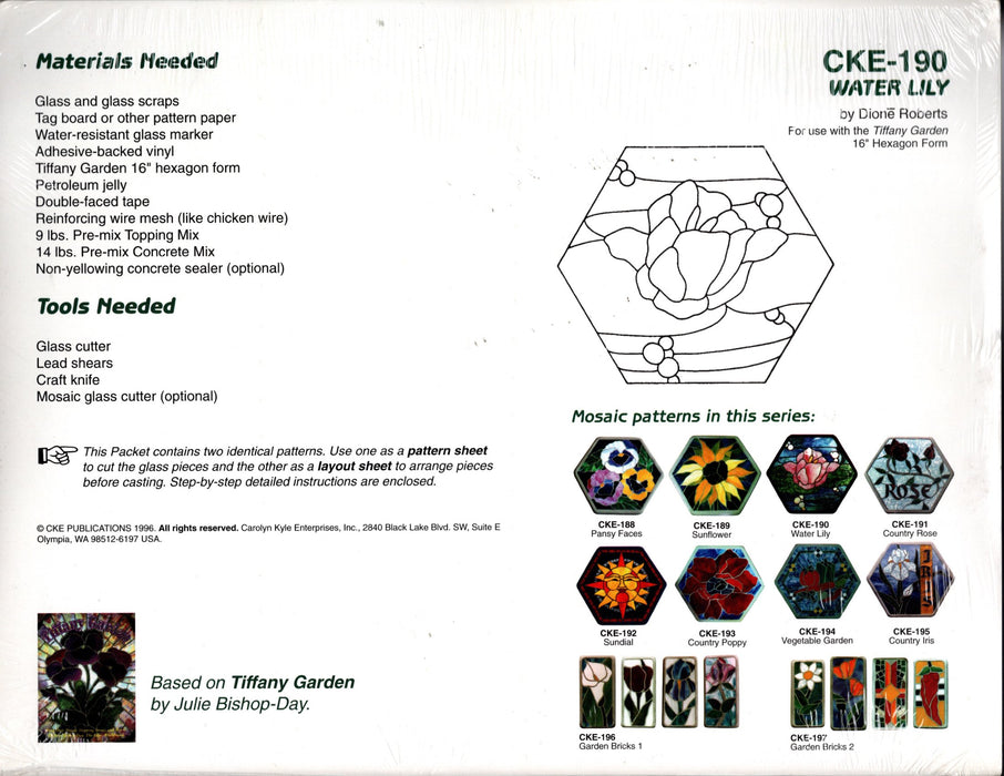 Carolyn Kyle Presents Mosaic Stepping Stone Patterns & Instructions – Water Lily 16 inch Hexagon Form - Full-Size Glass Art Patterns  Materials Needed List, This packet contains two identical patterns Step-By-Step detailed instructions  CKE-190 is the pattern number A terrific Glass Artist Gift Present Happy Glass Art Supply www.happyglassartsupply.com