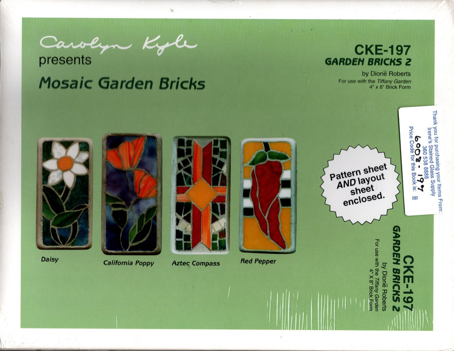 Carolyn Kyle Presents Mosaic Bricks Patterns & Instructions – Garden Bricks 2 4 x 8 Inch Brick Form - Full-Size Glass Art Patterns  Materials Needed List, This packet contains two identical patterns Step-By-Step detailed instructions  CKE-197 is the pattern number A terrific Glass Artist Gift Present Happy Glass Art Supply www.happyglassartsupply.com