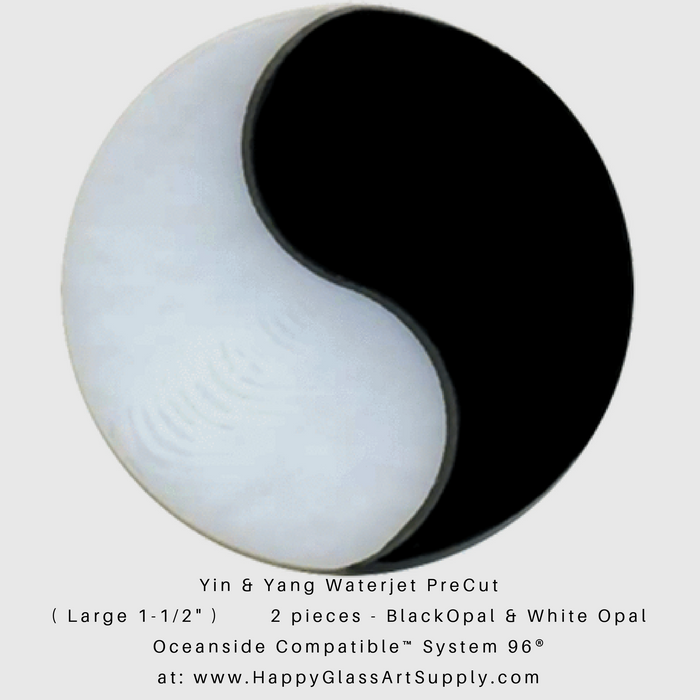 Yin & Yang  Large: 1 1/2" diameter  Design contains two individual glass pieces.  Glass Manufacturer: Oceanside Glass & Tile Opaque Black - OGT1009SF Opaque White - OGT200SF Glass Thickness: 3mm