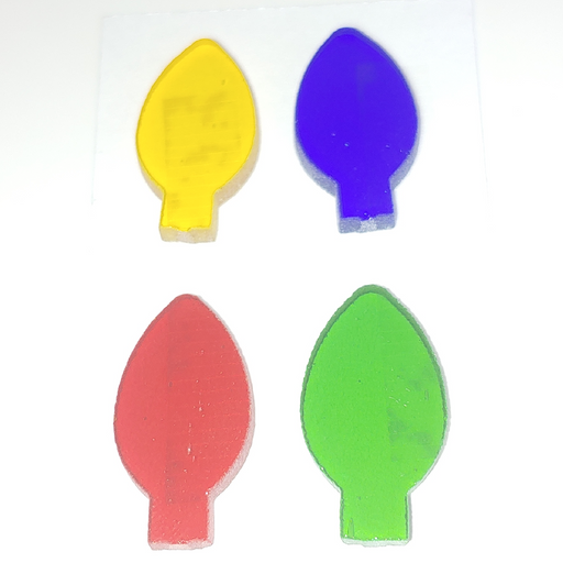 Christmas Light Bulbs set of 4, 1 Yellow, 1 Red, 1 Blue, 1 Green all Transparent Water Jet PreCut System 96® Fusible Xmas Light Oceanside Compatible Happy Glass Art Supply www.happyglassartsupply.com