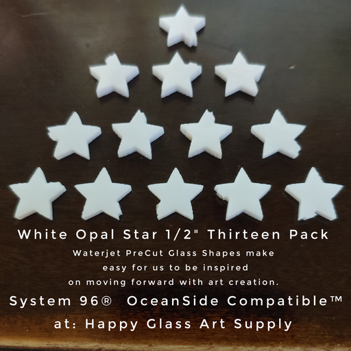 96-630 Star White Opalescent 1/2" PreCut System 96® System 96® Oceanside Compatible™ Waterjet Cut Fusible Glass Shape Fusible Coe 96 Star Stars Happy Glass Art Supply www.happyglassartsupply.com