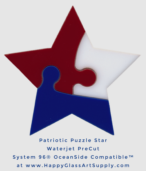 Star Patriotic Puzzle Water Jet PreCut System 96® Oceanside  Compatible™ Waterjet Cut Fusible Glass Shape  Happy Glass Art Supply www.HappyGlassArtSupply.com