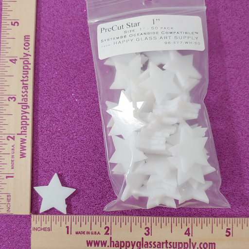 Star White Opalescent 1" PreCut System 96® Oceanside Compatible™ Waterjet Cut Fusible Glass Shape package of 50 Happy Glass Art Supply www.HappyGlassArtSupply.com
