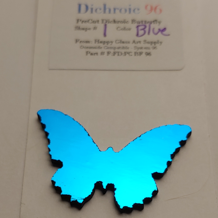 CBS Dichroic PreCut Shape Beautiful Butterfly from the Beautiful Butterflies Pack Dichro on Thin Black Oceanside Compatible System 96 Coatings by Sandberg Oceanside Compatible™ System 96® Fusible Glass Coe 96 Happy Glass Art Supply www.HappyGlassArtSupply.com
