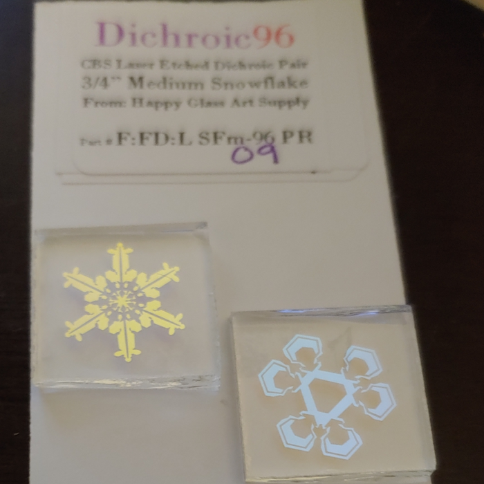 CBS Dichroic Laser Etch Snowflake Medium size sometimes resembling a dichroic flower Coatings by Sandberg Oceanside Compatible™ System 96® Fusible Glass Coe 96 Happy Glass Art Supply www.HappyGlassArtSupply.com