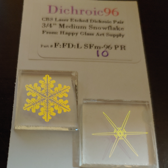 CBS Dichroic Laser Etch Snowflake Medium size sometimes resembling a dichroic flower Coatings by Sandberg Oceanside Compatible™ System 96® Fusible Glass Coe 96 Happy Glass Art Supply www.HappyGlassArtSupply.com