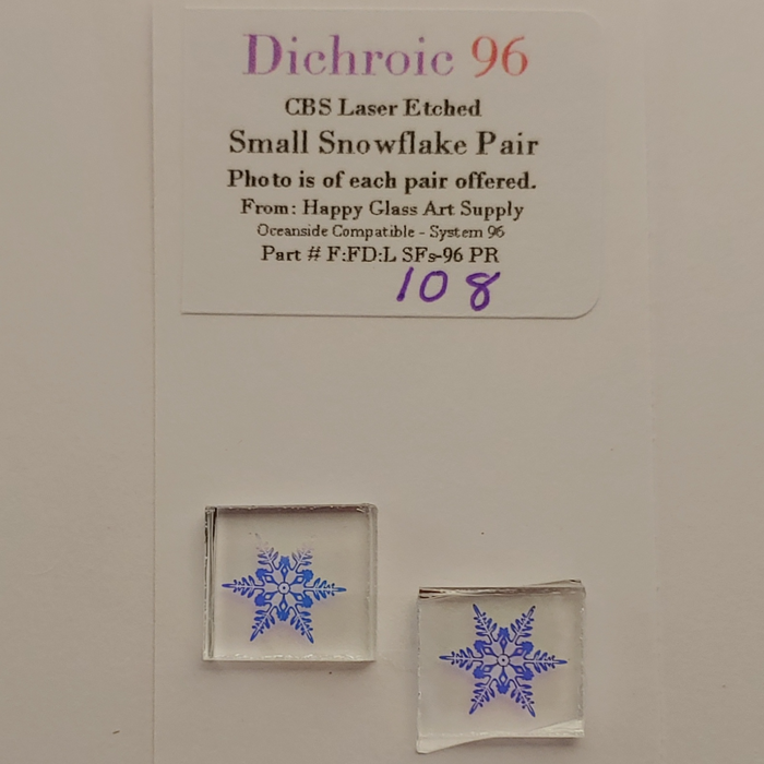 CBS Dichroic Laser Etch lazer Etched Snowflake small size sometimes resembling a dichro flower Coatings by Sandberg Oceanside Compatible™ System 96® Fusible Glass Coe 96 Happy Glass Art Supply www.HappyGlassArtSupply.com