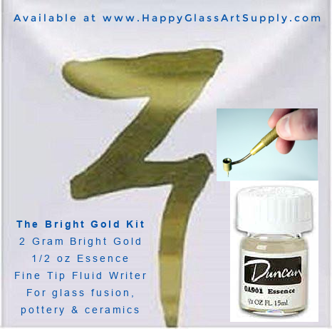 Duncan Bright Gold Precious Metal (2 gram jar), Essence (1/2 oz jar) and Kemper Fluid Writer Pen Fine Line kit Happy Glass Art Supply www.HappyGlassArtSupply.com 