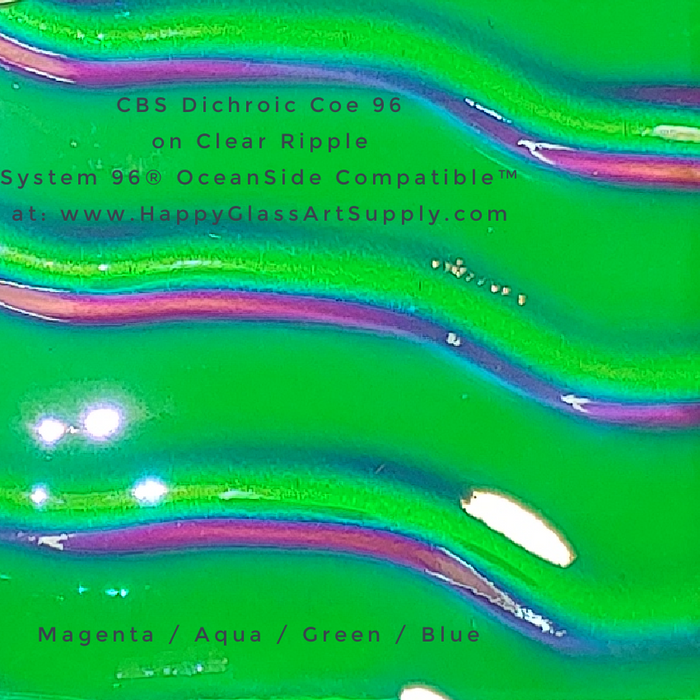 CBS Dichroic Magenta / Aqua / Green on Clear Ripple Transparent Oceanside Compatible™ System 96 ®  Happy Glass Art Supply www.HappyGlassArtSupply.com