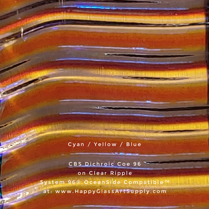 CBS Dichroic Cyan / Yellow / Blue on Clear Ripple Transparent Oceanside Compatible™ System 96 ®  Happy Glass Art Supply www.HappyGlassArtSupply.com