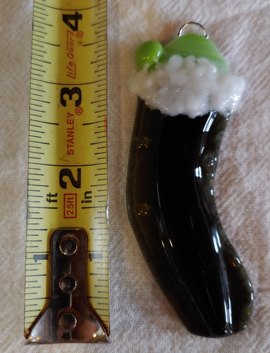 Christmas Pickle with Green Hat Green Pom Pom Fused Glass Ornament