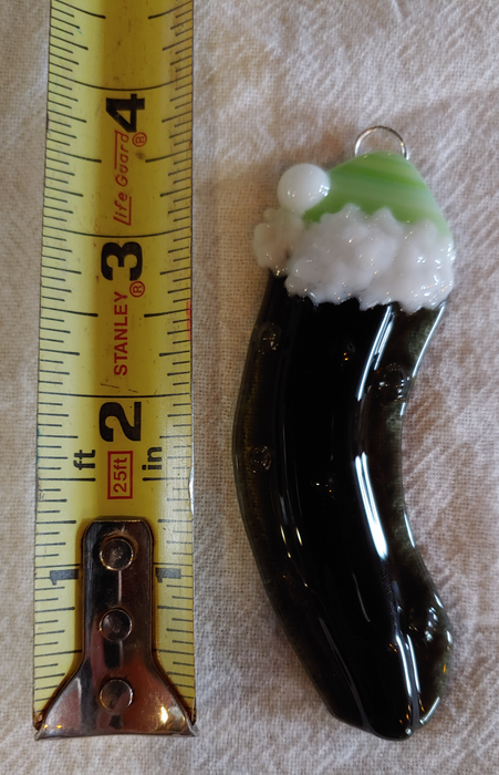 Christmas Pickle with Green Hat White Pom Pom Fused Glass Ornament